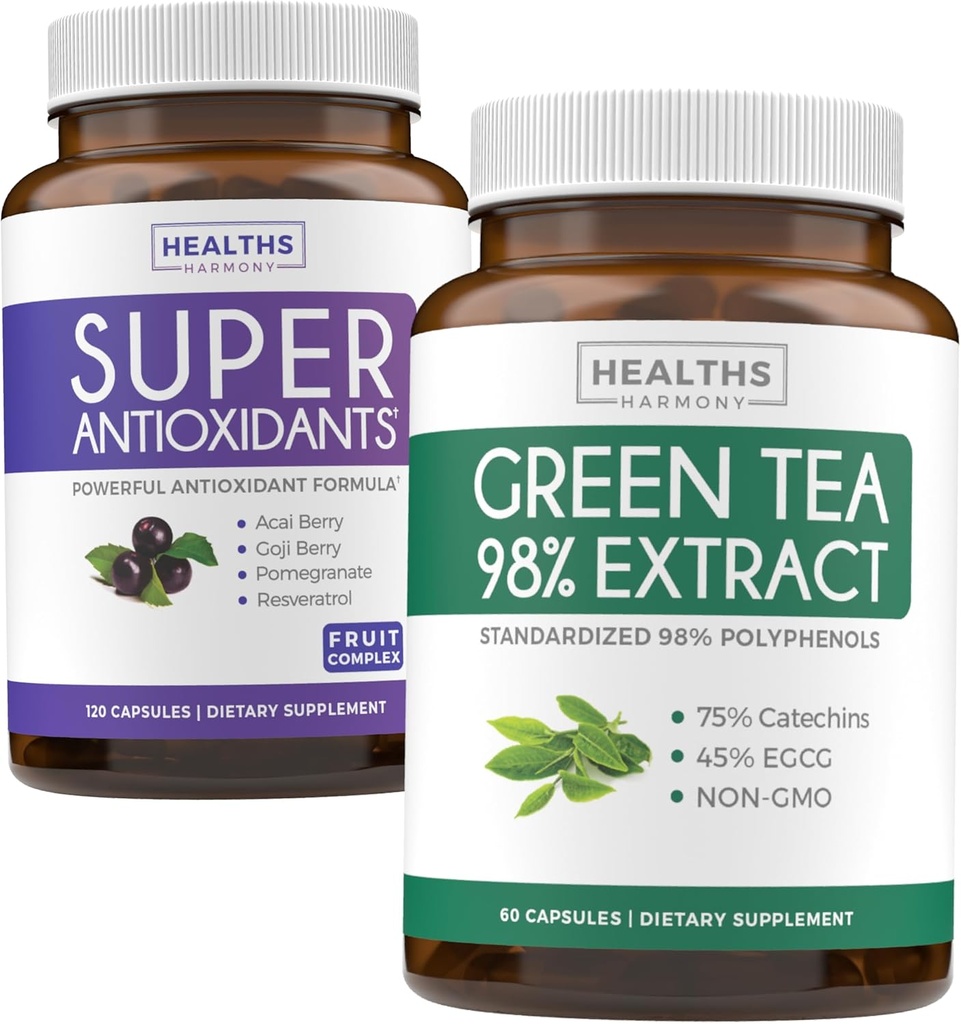 Antioxidantien & Grüner Tee-Extrakt (1-Monat-Versorgung) Antioxidans Green Fusion - Super Antioxidants - Leistungsstarke Super Food Daily Blend (120 Caps) & Grüner Tee-Extrakt mit EGCG Polyphenol Catechins(60 Caps)