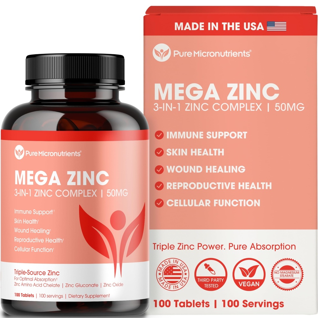 Supplément de zinc Mega, 50mg, complexe de zinc 3-en-1, 100 comprimés - micronutriments purs