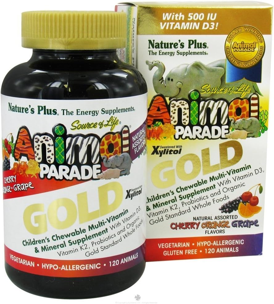 NaturesPlus Tier Parade Gold Kinder Multivitamin - Verschiedene Kirsche, Orange & Trauben Flavors - 120 Tier-Shaped Kautabletten, Paket von 2 - Vegan, Glutenfrei - 120 Gesamt Servierungen