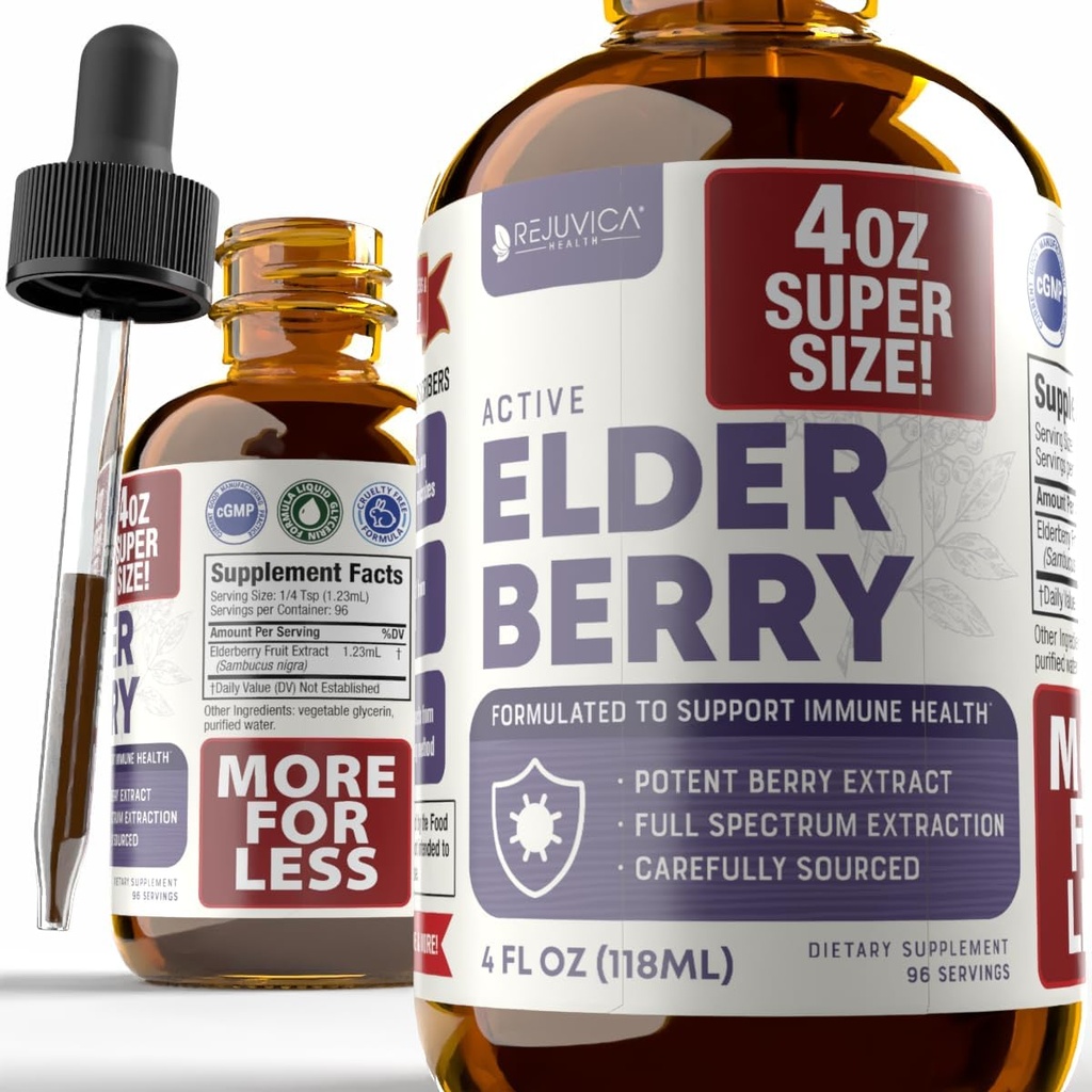 Rejuvica Health Active Elderberry 4oz XL Super Size - Advanced Elderberry Liquid Extract - Immun Support Drops - Vegan Sugar Free Non GMO Tincture