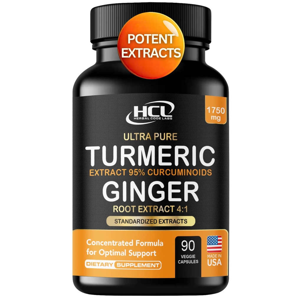 Curcumine curcumine avec gingembre – 1750mg Formule haute puissance avec 95% Curcuminoïdes standardisés et extrait de gingembre – Poivre noir pour l'absorption améliorée – 60 Capsules Vegan