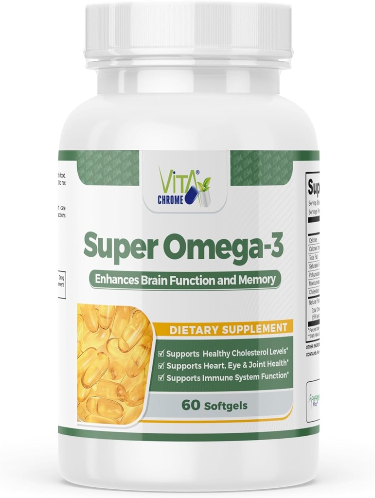 Huile de poisson Super Omega-3, soutient la santé cardiaque, 1000 Mg, 300 Mg Omega-3, Softgels à libération rapide, fabriqués aux États-Unis, 60 Softgels