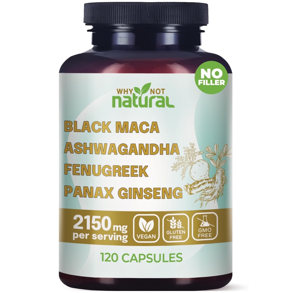 Warum nicht natürlich 4-in-1 Bio Black Maca Root, Ashwagandha, Fenugreek, Panax Ginseng Kapseln, Beilage für Männer und Frauen