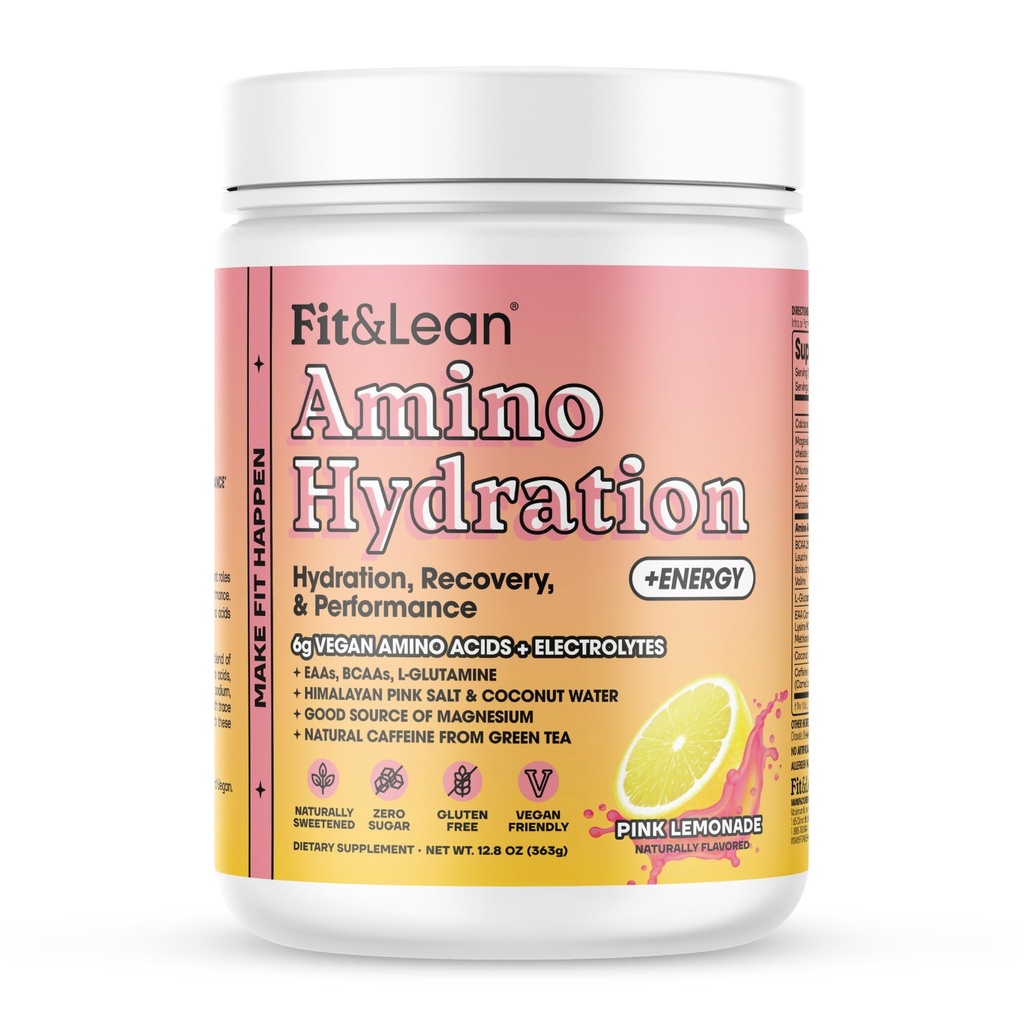 Fit & Lean Amino Hydration Plus Energy, Pre Workout Powder, 6g Vegan Essemtial Aminosäuren, EAA, BCAA, Glutamin, Elektrolyte & Natürliche Koffein, Pink Lemonade, 30 Serve