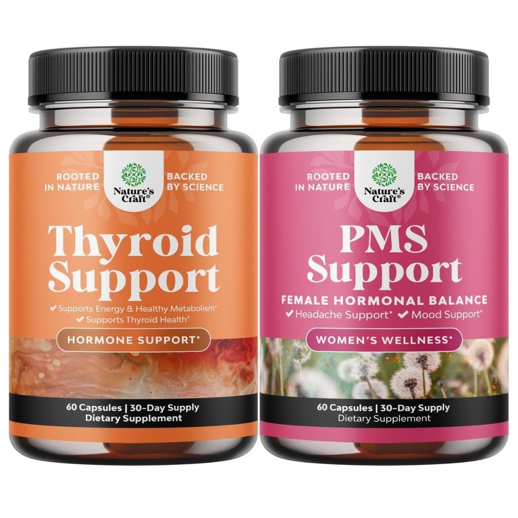 Bundle of Herbal Thyroid Support Complex und Kräuter PMS Support Supplement für Damen - Mood Enhancer Energy Supplement für Schilddrüsengesundheit - Feminine Balance Complex mit PMS Vitamine für Frauen