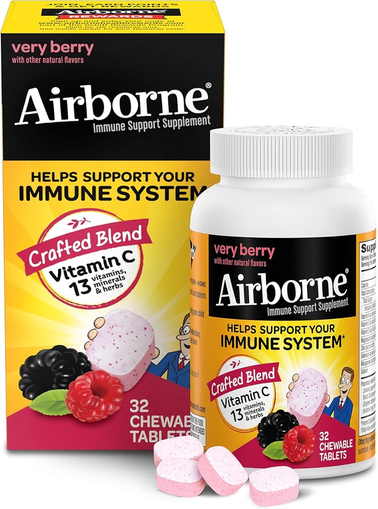 Vitamine C aéroportée 1000mg (par portion) Comprimés à croquer très secs (32 Compter dans une boîte), Supplément de soutien immunitaire sans gluten, avec vitamines A C E, ZINC, Sélénium, Echinacea & Ginger, Antioxydants