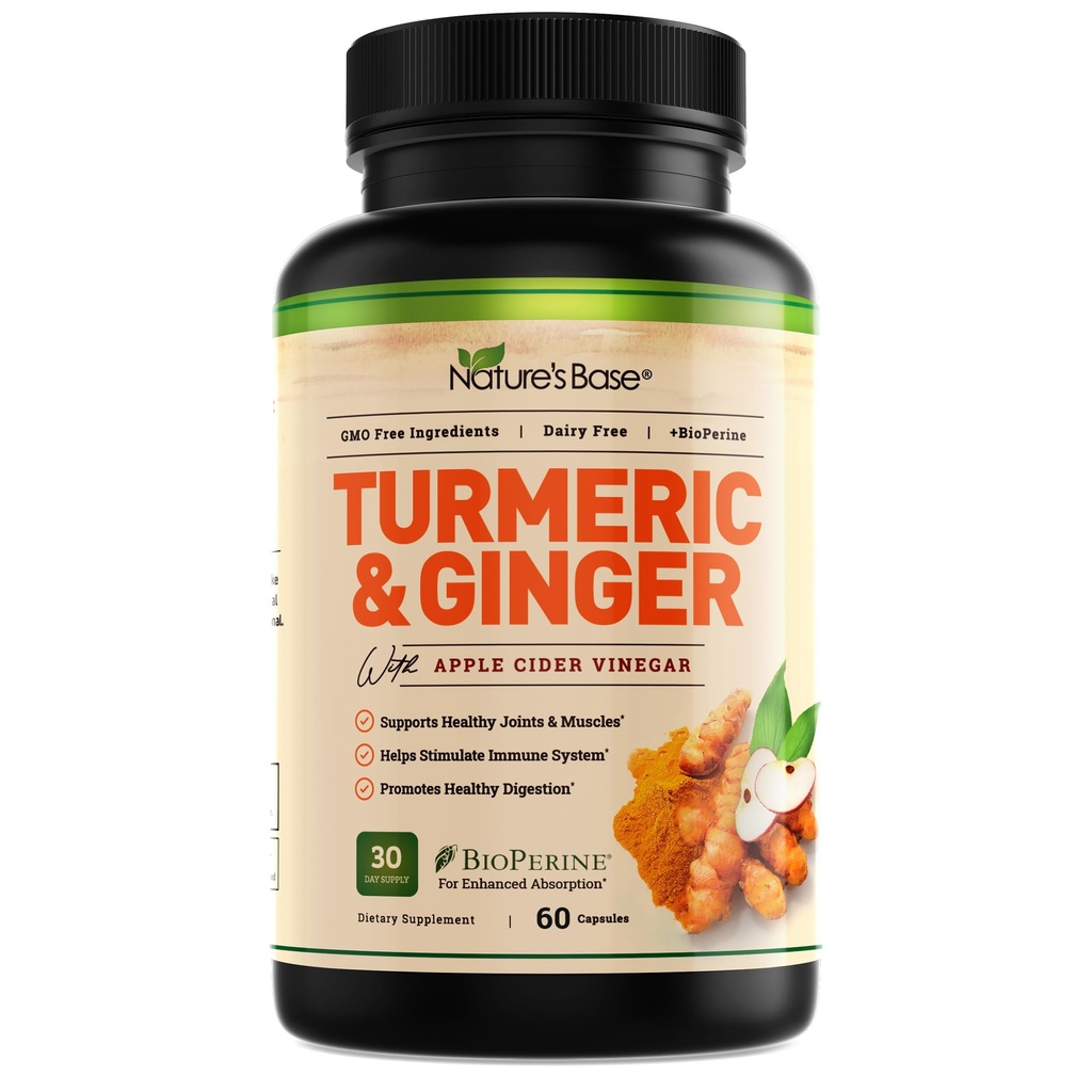 Nature's Base Turmeric and Ginger Supplement - avec Curcumin, vinaigre de cidre de pomme et extrait de poivre noir BioPerine - 95% Curcuminoïdes - 60 Capsules