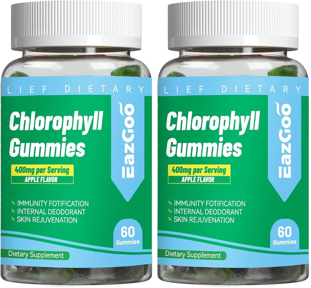 2 Pack Chlorophyll Gummie für Körper Odor Deodorant*, Sugar Free Chewable Chlorophyll für Immununterstützung Frauen Vegan Non-GMO, 120 Count