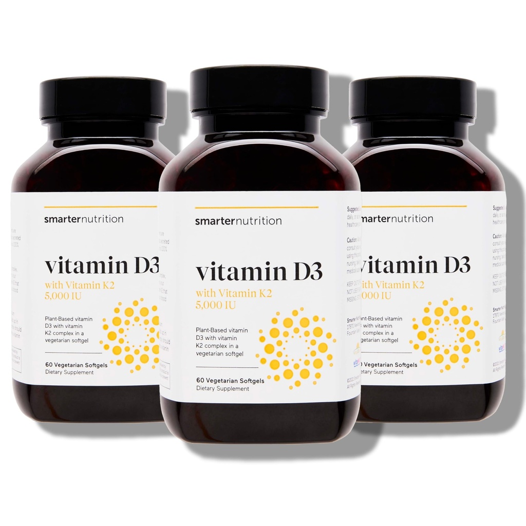 SMARTERNUTRITION Vegan Vitamin D3 5000 IU + Natürliches Vitamin K2 1100 mcg in Bio Kokosnuss & Olivenöl - D3 K2 Beilage für Immun- und Knochenunterstützung - 180 Softgels[90 Tage Versorgung]