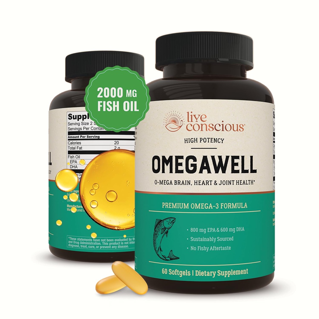Huile de poisson OmegaWell Omega 3 - 2000mg Capsules : soutien cardiaque, cérébral et articulaire - 800 mg EPA 600 mg DHA - source durable - Softgels - 30 jours