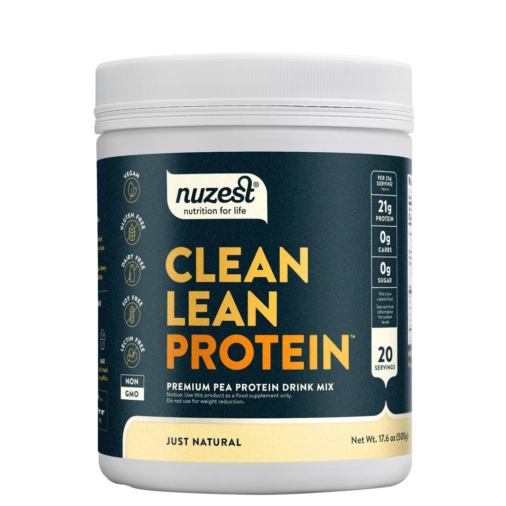 Nuzest - Poudre de protéines de pois - Protéines pures, Poudre de protéines à base végétale premium, Sans lait, Sans gluten, Sans OGM, Shake de protéines, Tout simplement naturel (UNFLAVORED), 20 portions, 1,1 lb