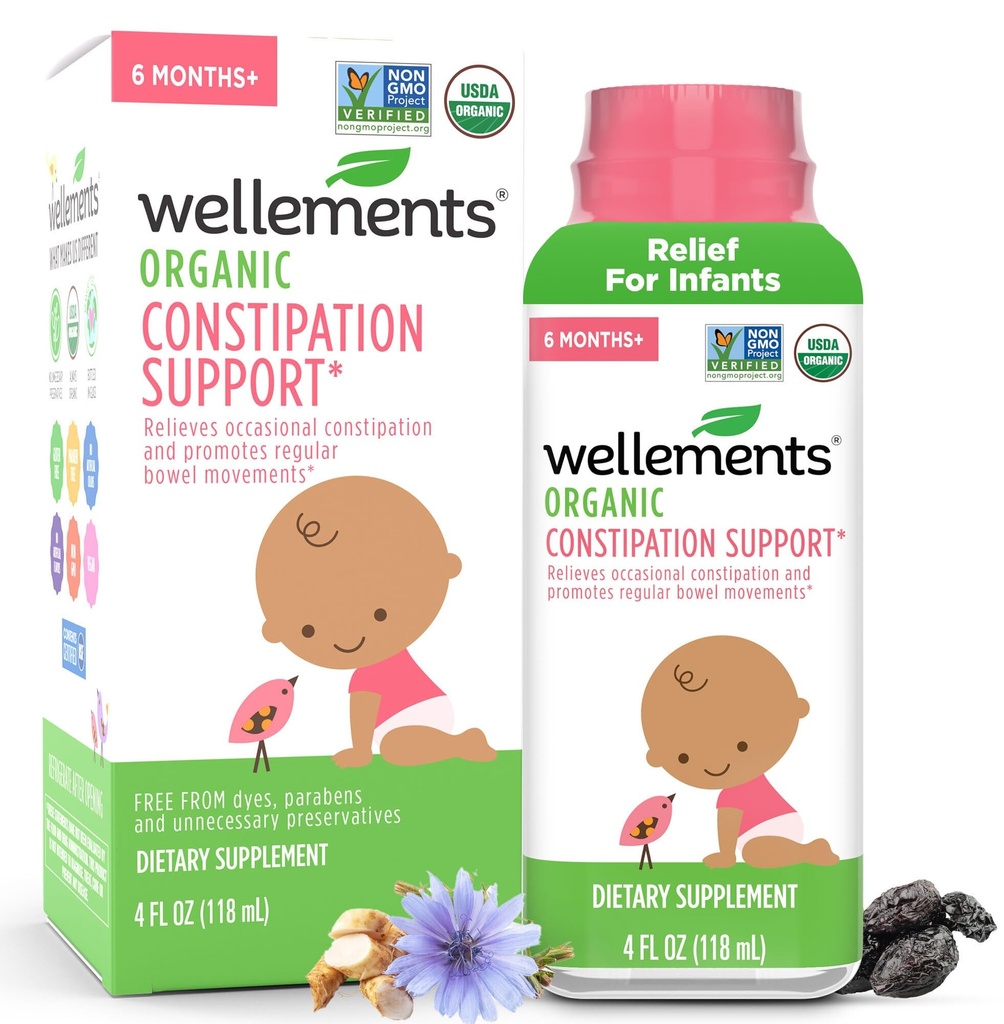 Wellements Organic Constipation Unterstützung für 6 Monate + Babys & Kleinkinder (4 Fl Oz) | USDA Zertifiziertes &amp; Gestank Relief* für Kleinkinder ohne Harsh Laxatives mit Dispenser