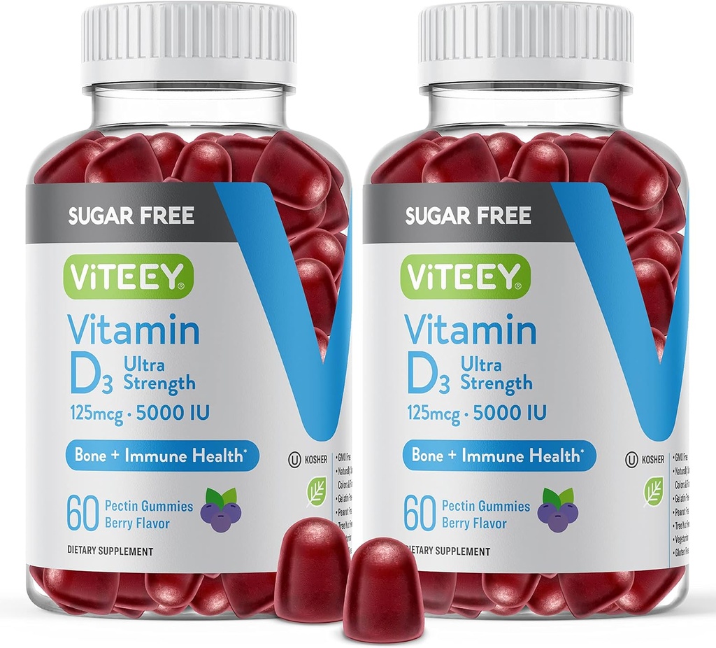 VITEEY Vitamine D3 Gommies pour adultes et adolescents - 5 000 UI, 125 mcg, Ultra Strength - sans sucre, os, articulaire et santé musculaire, Immune Boost - Végétarien, Sans gélatine - Gommy aromatisé aux baies comestibles