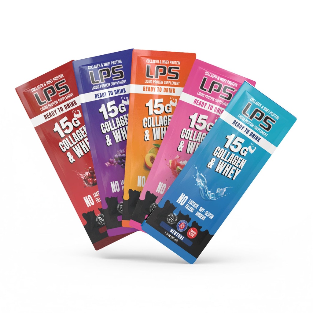 Ernährungsdesigns LPS Liquid Collagen & Whey Protein Supplement - Non-GMO Drink, Sugar-Free - Fördert gesunde Haut und Haar für Männer & Frauen, Single Serve (Variety Box, 30)