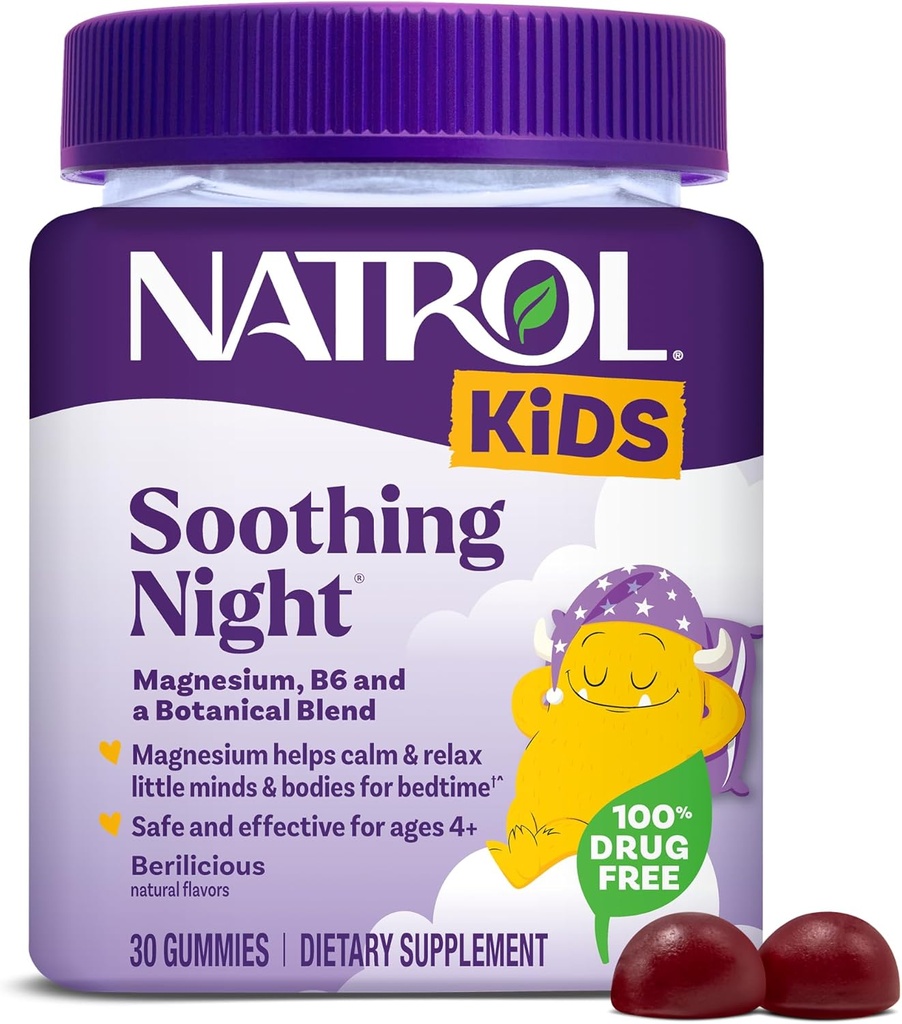 Natrol Kinder beruhigende Nacht Magnesium Citrate Gummis, hilft beruhigen & sich kleine Köpfe & Körper für Bedtime für diejenigen Niedrig in Magnesium, Plus Vitamin B6 unterstützt Gehirnfunktion, 30 Berilicious Gummies