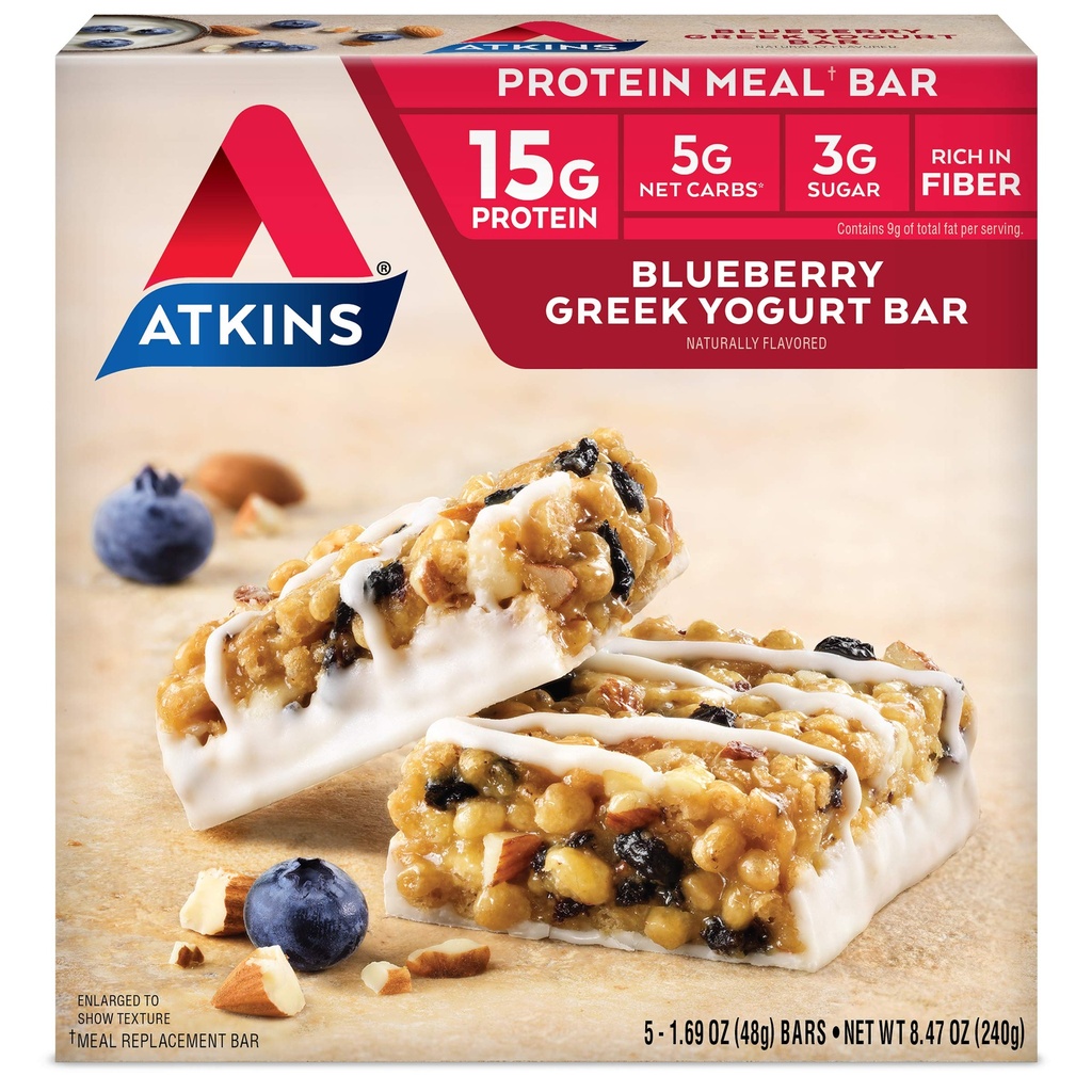 Atkins Blueberry Griechischer Joghurt Protein Meal Bar, High Fiber, 15g Protein, 3g Zucker, 5g Net Carbs, Meal Replacement, Keto Friendly, 5 Count