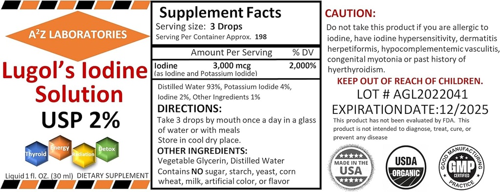 2 x 1 OZ Pack A2Z Organic Lugol's Iodine and Potassium Iodide 2% Solution 3000 mcg - Liquid Supplement Drops for Thyroïde Support for Women & Men, Métabolism Health, Detox Boost - 2 x 1 Fl Oz/USA