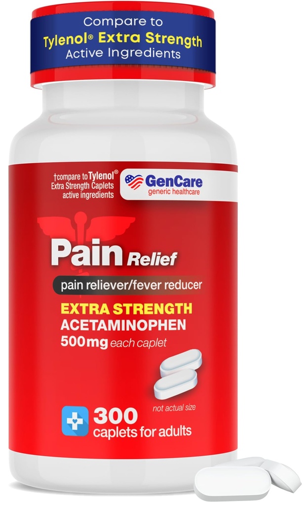 GenCare - Acétaminophène 500mg Extra Strength Pain Relief (300 Caplets) - Multi-Symptômes Pain Reliever pour Céphalées, Sinus, Arthrite, Douleurs musculaires du dos, Douleurs dentaires, Réducteur de fièvre, Migraine