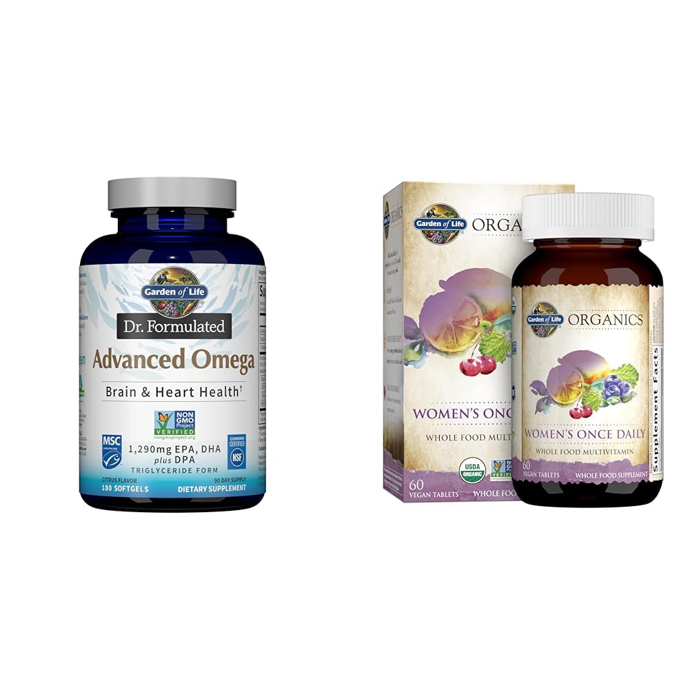 Jardin de la vie Omega-3 Huile de poisson 1,290mg EPA+DHA+DPA 180 Softgels et une fois par jour de multivitamine alimentaire bio pour les femmes 60 comprimés