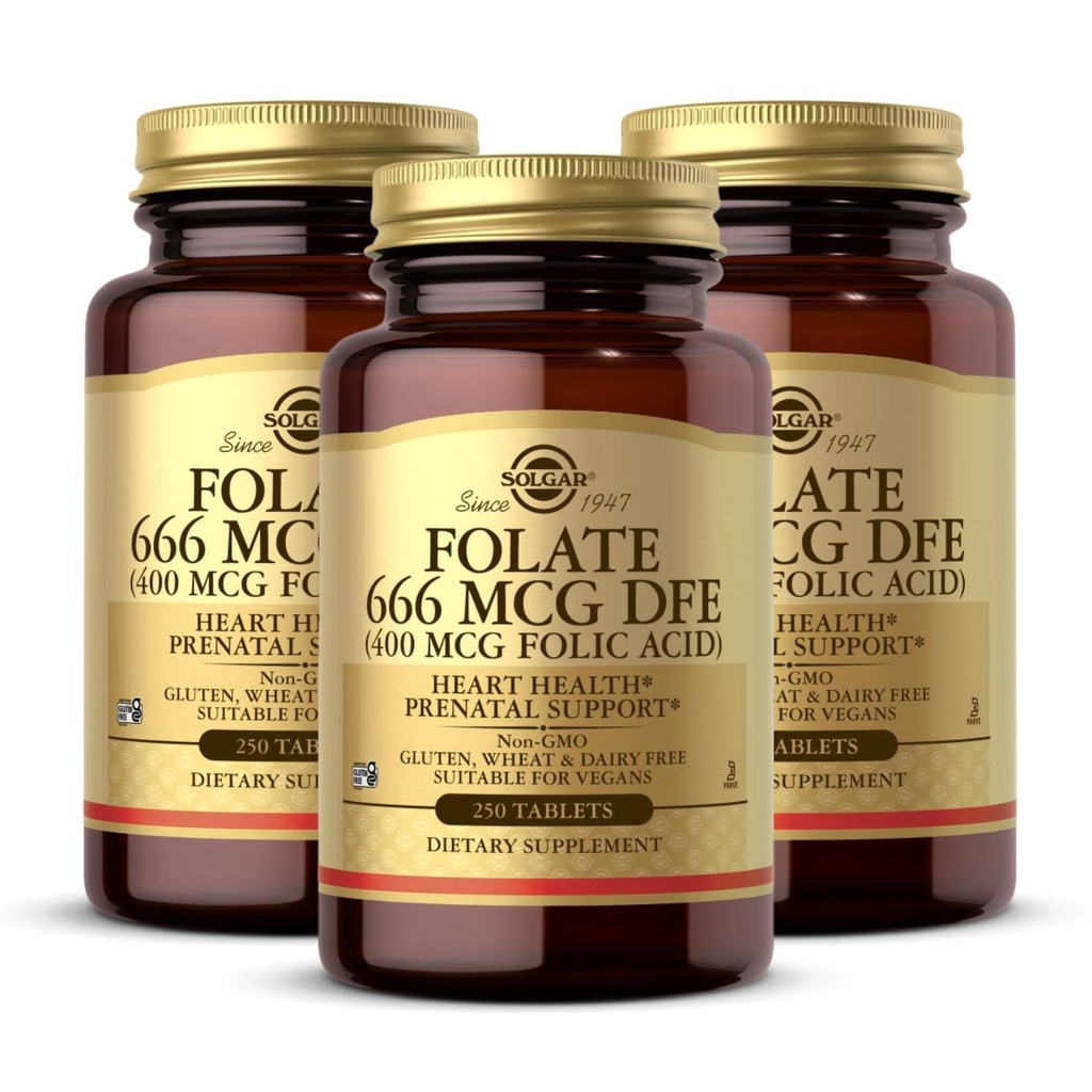 Solgar Folate 666 mcg DFE (acide folique 400 mcg) - 250 comprimés, boîte de 3 - Soutien prénatal - Non-OGM, végétalien, sans gluten, sans produits laitiers, sans casher - 750 portions totales