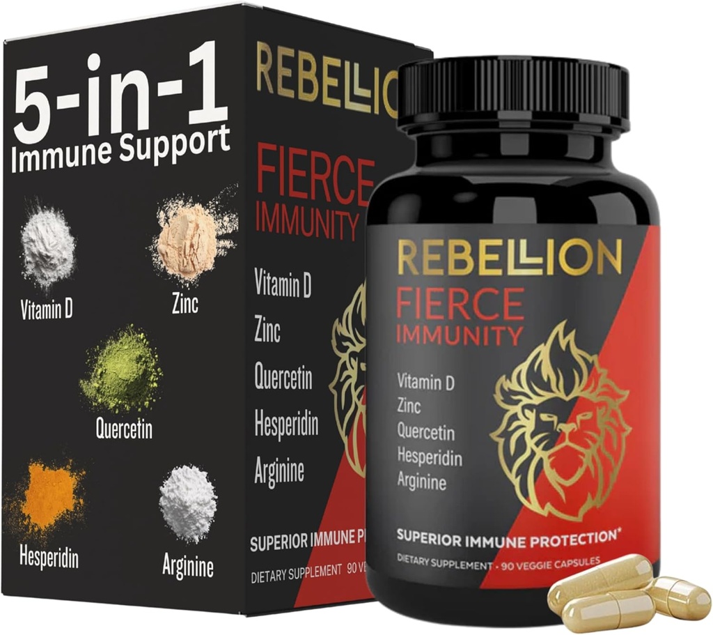 5-in-1 Fierce Immunitätsergänzung, Immununterstützungsergänzung und Booster für Erwachsene, Vitamin C, Quercetin, Vitamin D, Zink, L-Arginin, Hesperidin, Immunitätsunterstützung, 90 Kapseln (1 Monat Versorgung)