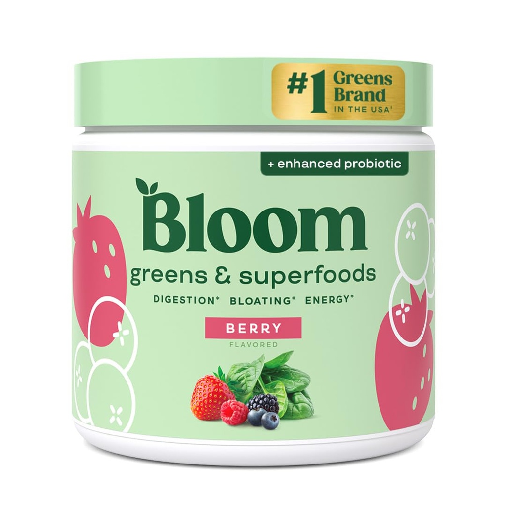Bloom Nutrition Superfood Greens Poudre, Enzymes digestifs avec probiotiques et prébiotiques, Gut Health, Bloating Relief pour les femmes, Chlorella, Mélange de jus vert avec poudre de racine de betterave, 30 SVG, Berry