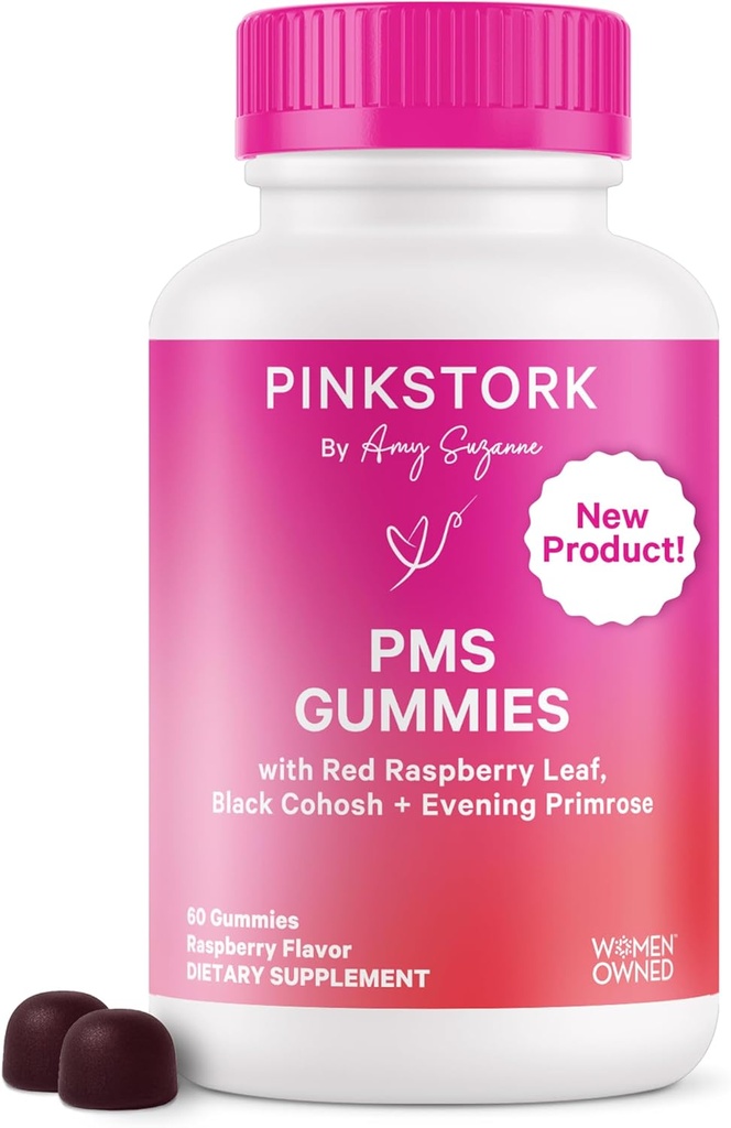 Pink Stork PMS Support Gummi für Damen - Red Raspberry Leaf, Black Cohosh, Evening Primrose Oil - Bloating, Cravings, Haut, Stimmung - Hormonal Cycle Support - 60 Berry Gummies - Vegan, Plant-Based
