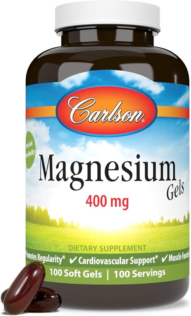 Carlson - Gels de magnésium, 400 mg de magnésium par softgel, soutien cardiaque et musculaire, bouchons de gel de magnésium, fonction Bowel, supplément de magnésium, 100 softgels