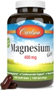 Carlson - Gels de magnésium, 400 mg de magnésium par softgel, soutien cardiaque et musculaire, bouchons de gel de magnésium, fonction Bowel, supplément de magnésium, 100 softgels