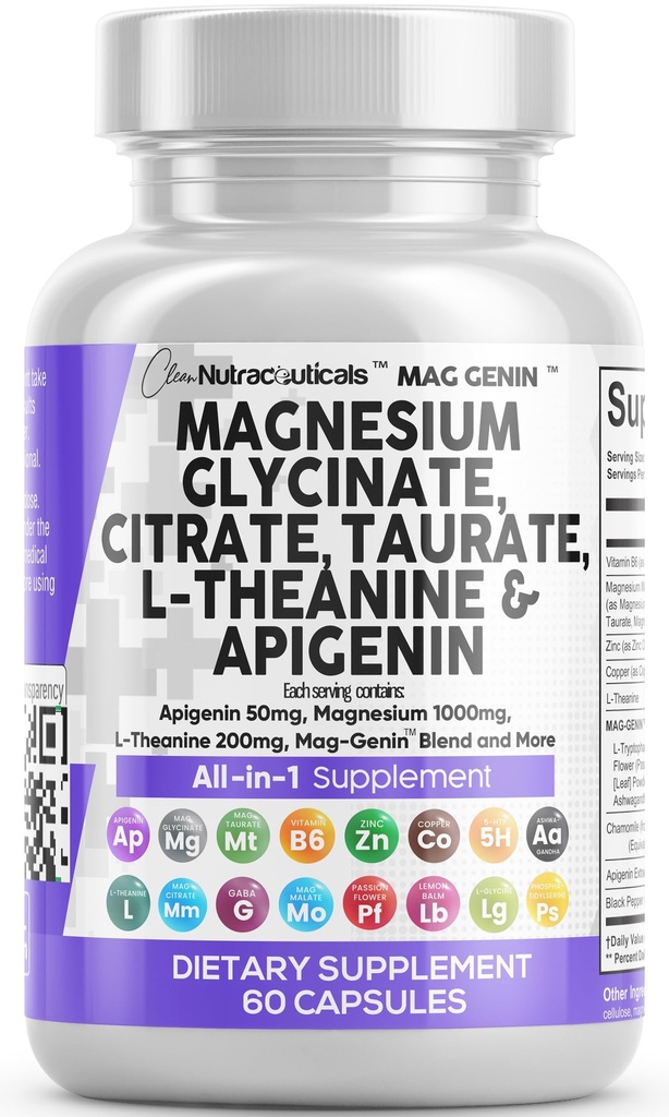 Clean Nutraceuticals Magnesium Glycinate Complex 1000mg mit L-Theanin 200mg Apigenin 50mg Citrate Taurate Supplement - 5-HTP GABA Passion Flower Lemon Balm L-Glycine Phosphatidylserine - 60 Count