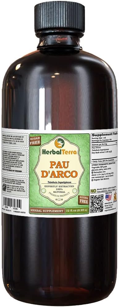 PAU d'arco (Tabebuia Impetiginosa) Glycérite, extrait liquide sans alcool séché à l'écorce (marque: HerbalTerra, fièrement fabriqué aux États-Unis) 32 fl.oz (0.95 l)