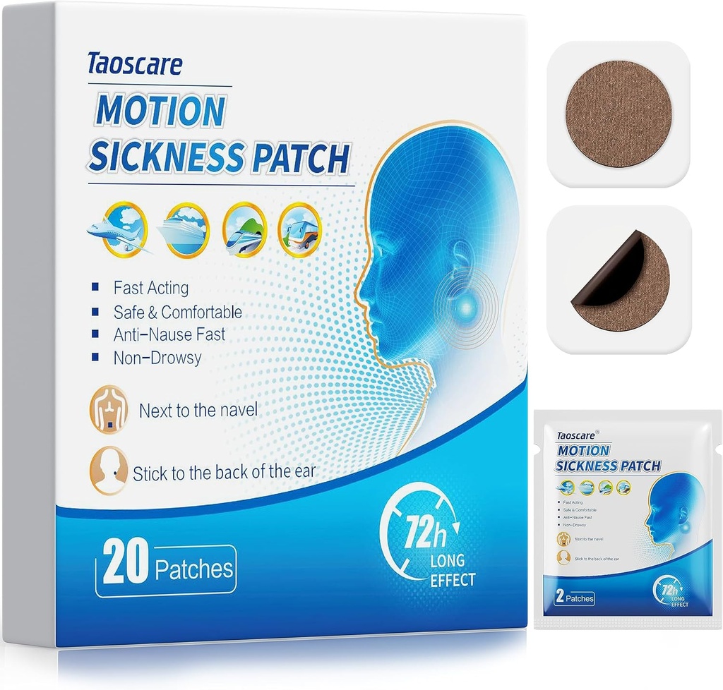 Motion Sickness Patches, Sea Sickness Patch for Kids and Adults with Travel-Friendly Packets, Travel Essentials for Cruise/Car/Airplane/Amusement Park Trip (20 Patches)