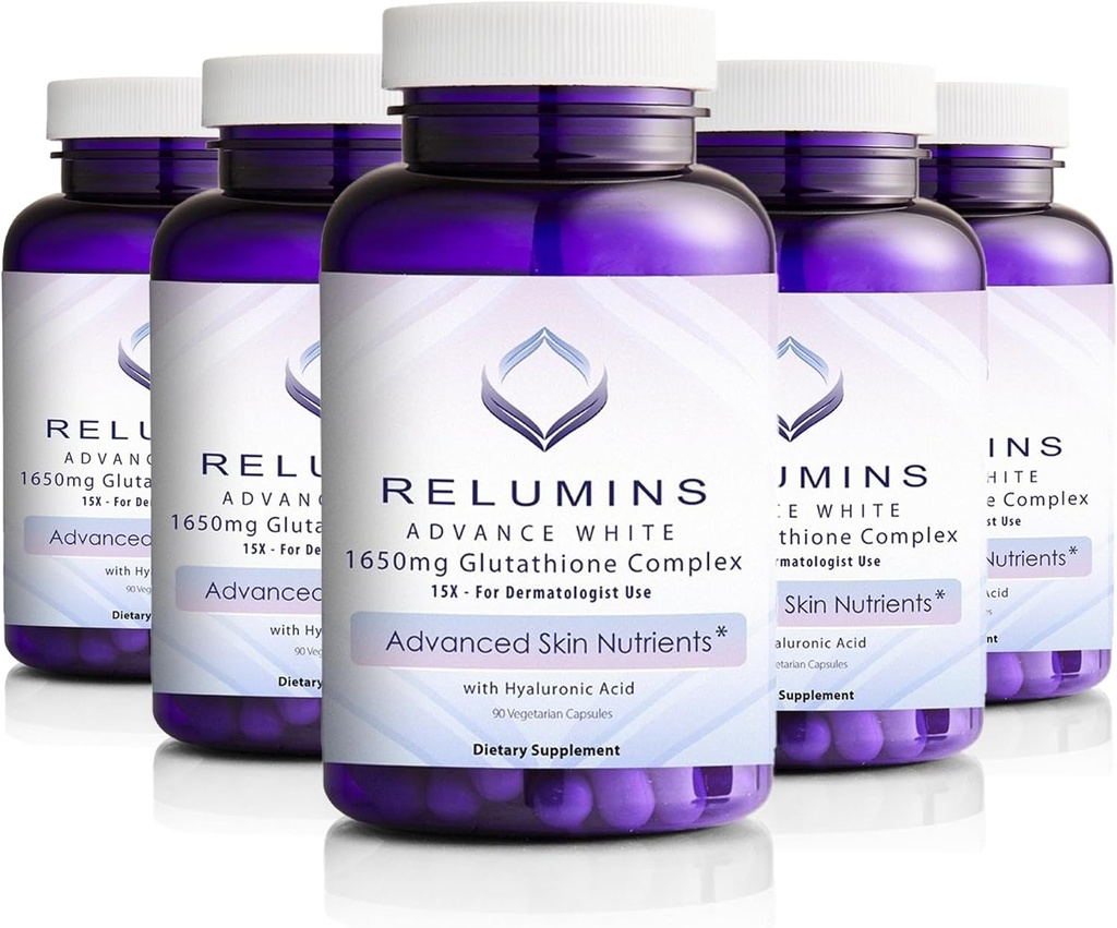 Relumins 1650mg Complexe L-Glutathion avec acide hyaluronique, acide alpha lipoïque, HIPS Rose, vitamine E et Riboflavine, antioxydant, hydratation de la peau et bien-être, fabriqués aux États-Unis – 90 Capsules x 5 bouteilles