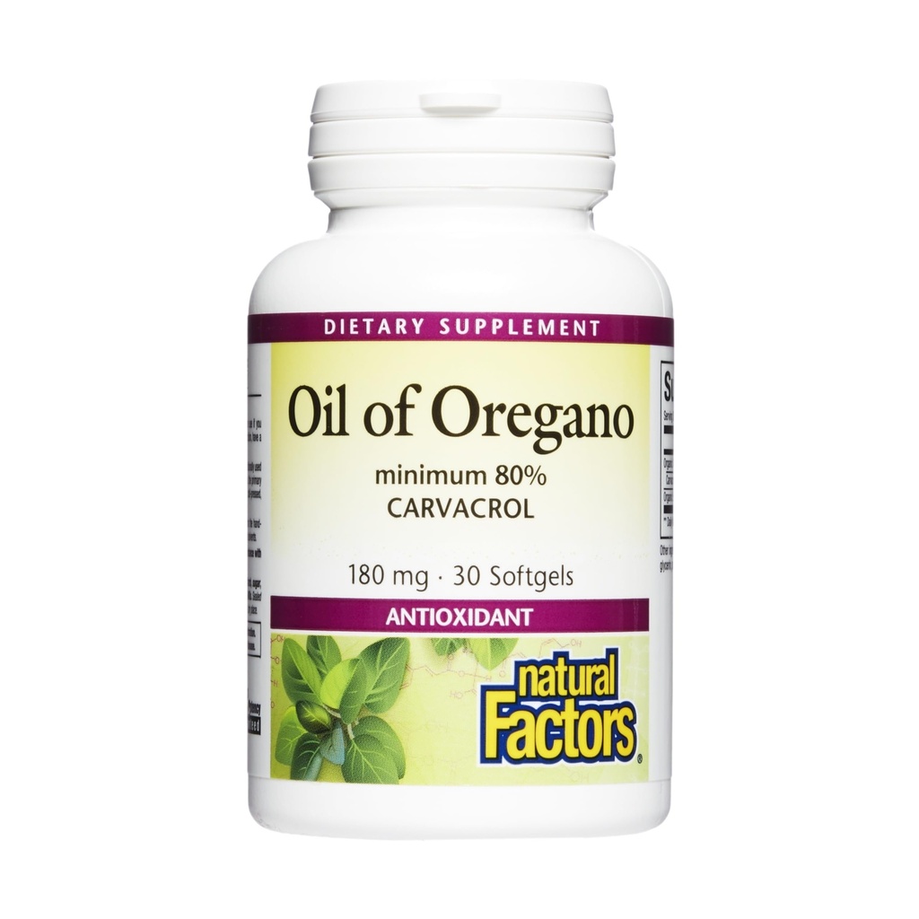 Facteurs naturels, huile d'Origan 180 mg, aide à maintenir une bonne santé avec l'huile d'olive vierge extra, 30 softgels (30 portions)
