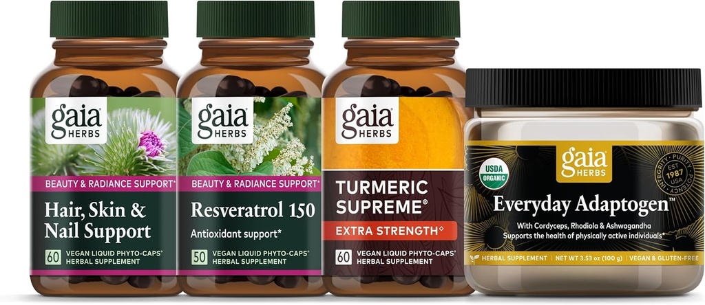 Gaia Herbs Beauty Essentials Kit - Hair, Skin, & Nail Support, Resveratrol 150, Everyday Adaptogen, Turmeric Supreme Extra Strength