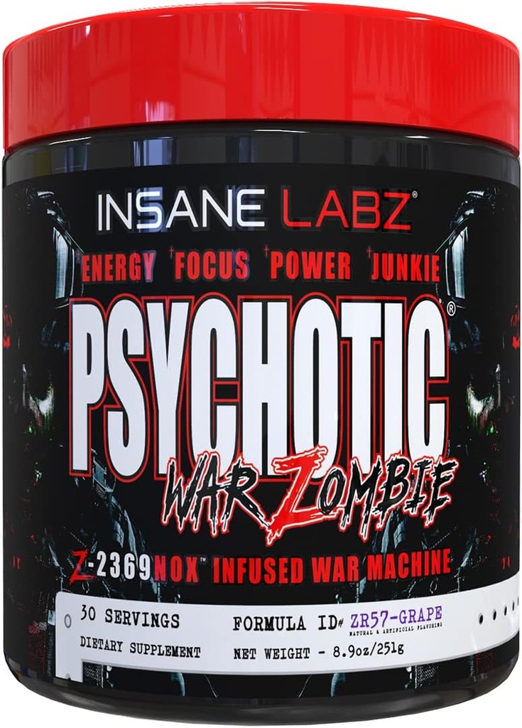 Insane Labz Psychotic War Zombie High Stimulant Pre Workout Powder, Extreme Lasting Energy, Fokus und Pumpe mit Beta Alanine, L-Arginin, 30 Servierungen (Grape)