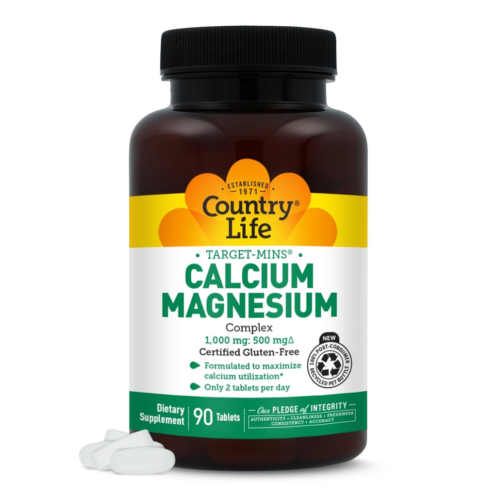 Country Life Target-Mins Calcium Magnesium Complex 1000mg/500mg, 90 Tabletten, Zertifizierter Glutenfrei, Zertifiziertes Vegan, Zertifiziertes Non-GMO Verified