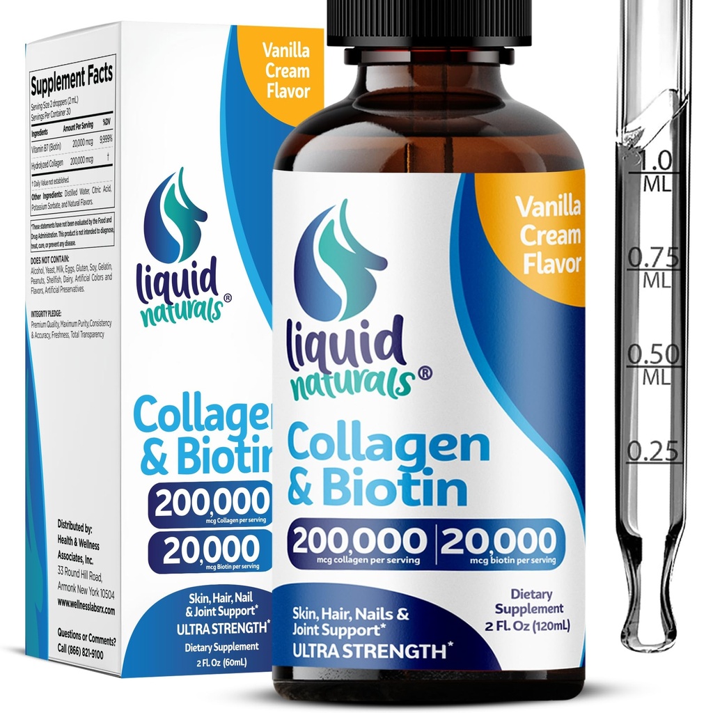 Collagène liquide et biotine, 2 Fl. Oz, Suppléments de collagène ultra-strength pour les femmes, Biotine testée de troisième partie pour les femmes de croissance capillaire, les ongles et les vitamines de la peau B7 Collagèneno Peptides – Vanilla Flavor