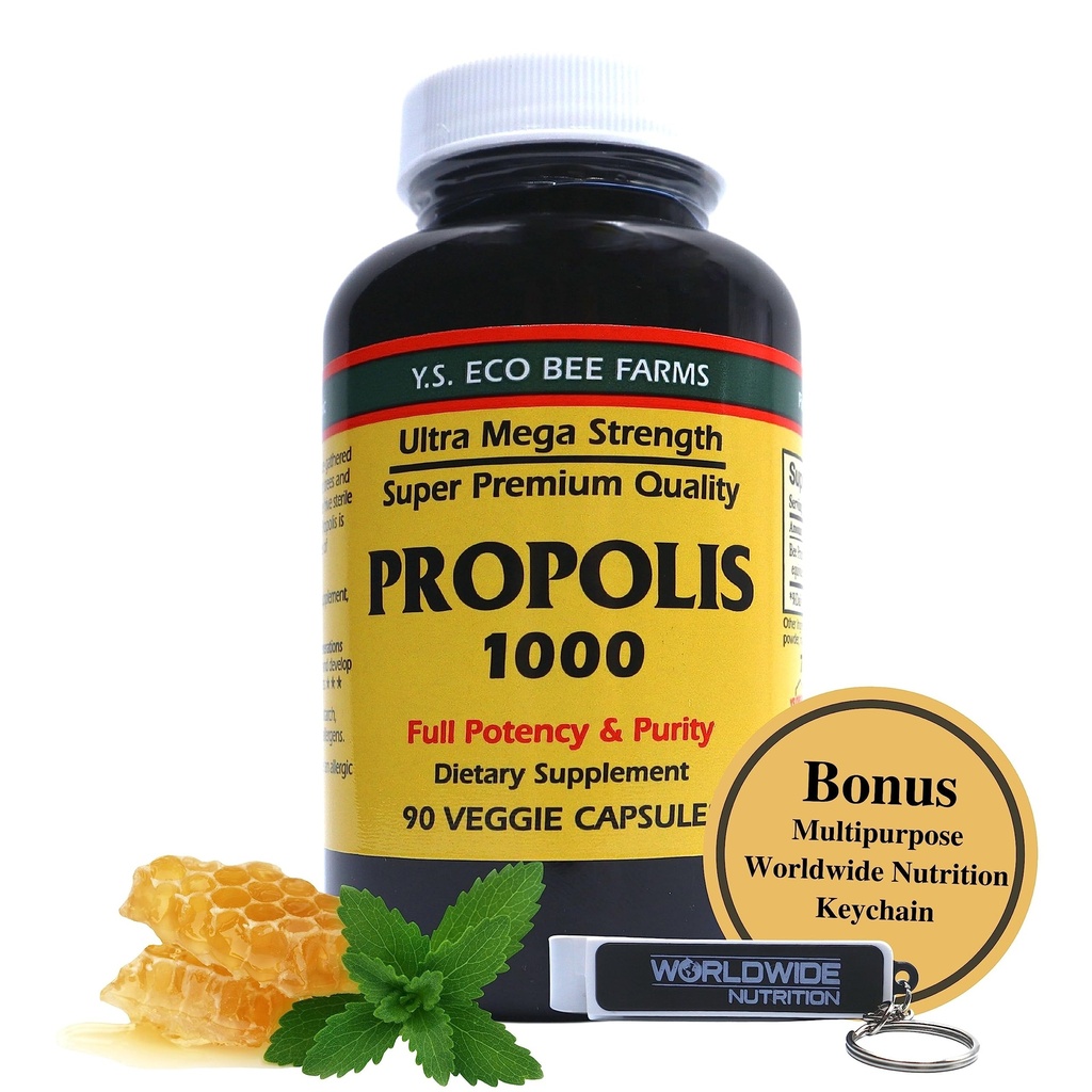 Y.S. Organic Bee Farms Propolis-Raw unverarbeitet 1000mg - Ihr Gateway zu Wellness - 90 Kapseln mit Bonus weltweitnutrition Multi Zweck Schlüsselanhänger