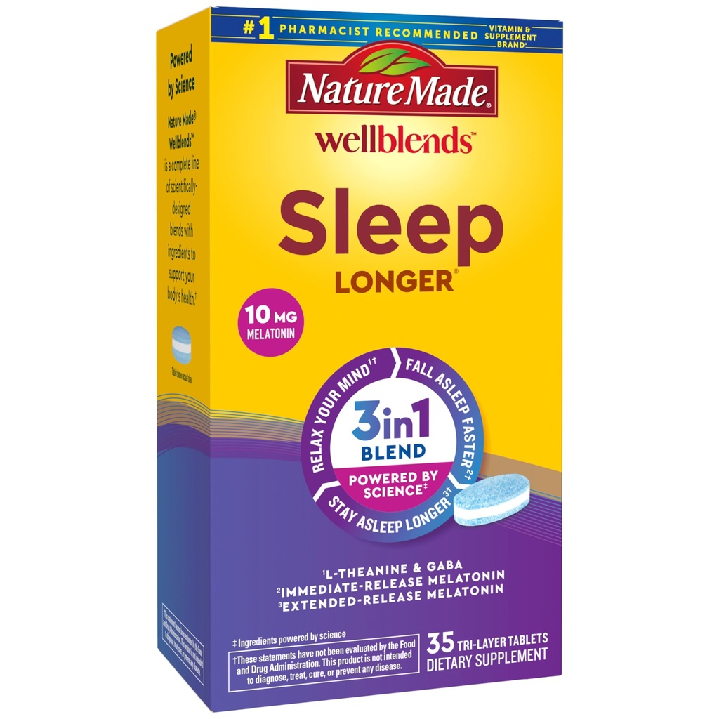 Nature faite Wellblends Dormir plus longtemps, Mélatonine 10mg, L théanine 100 mg, et GABA 100mg, Supplément de sommeil, 35 comprimés Tri-Layer
