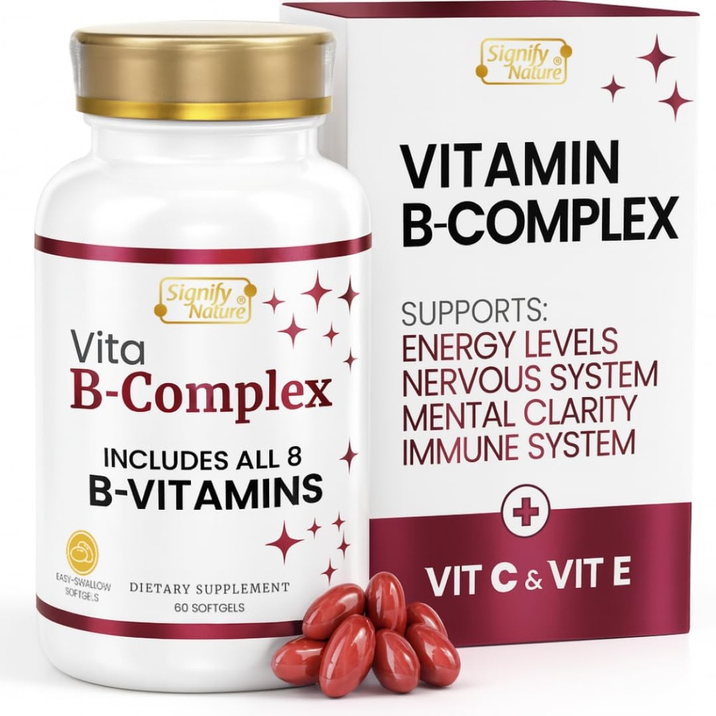 SIGNIFY NATURE VitaBKomplex mit Vitamin C und E, B Komplexe Vitamine für Frauen und Männer, BKomplexe Ergänzungen, VIT B1, B2, B3, B5, B6, B8, B9, B12, Super B Softgels - 60 CT