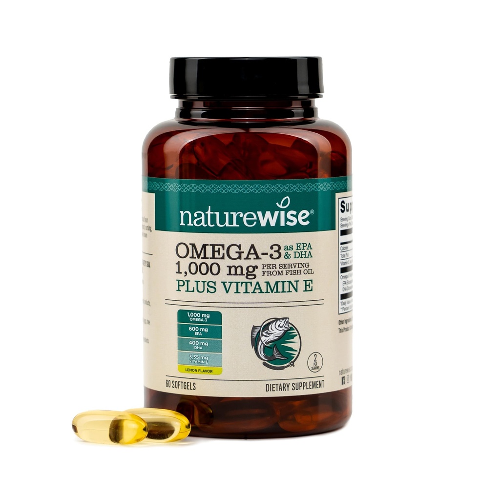 NatureWise Extra-Strength Omega 3 Fischöl-Ergänzung - 1000mg pro Servierung - 600 EPA & 400 DHA und Vitamin E - Unterstützung für Herz- und Hirngesundheit - Zitronengeschmack, GMO-frei - 60 Softgels[1-Monat-Versorgung]