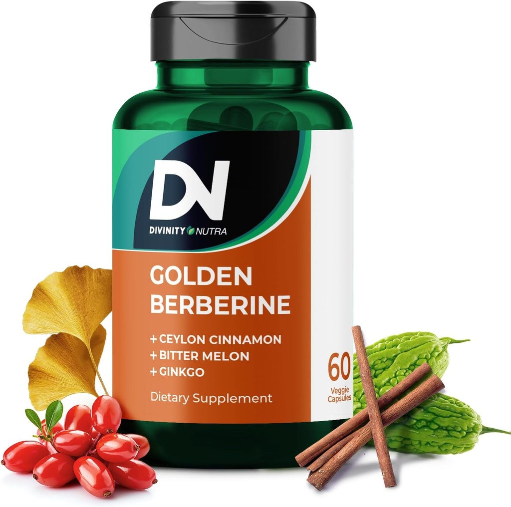 4-in-1 Golden Berberine Ergänzung mit Ceylon Cinnamon Bitter Melon Ginkgo, Boosts Immunität, Gut & Heart Health,60 Kapseln für Metabolismus Unterstützung, Made in USA