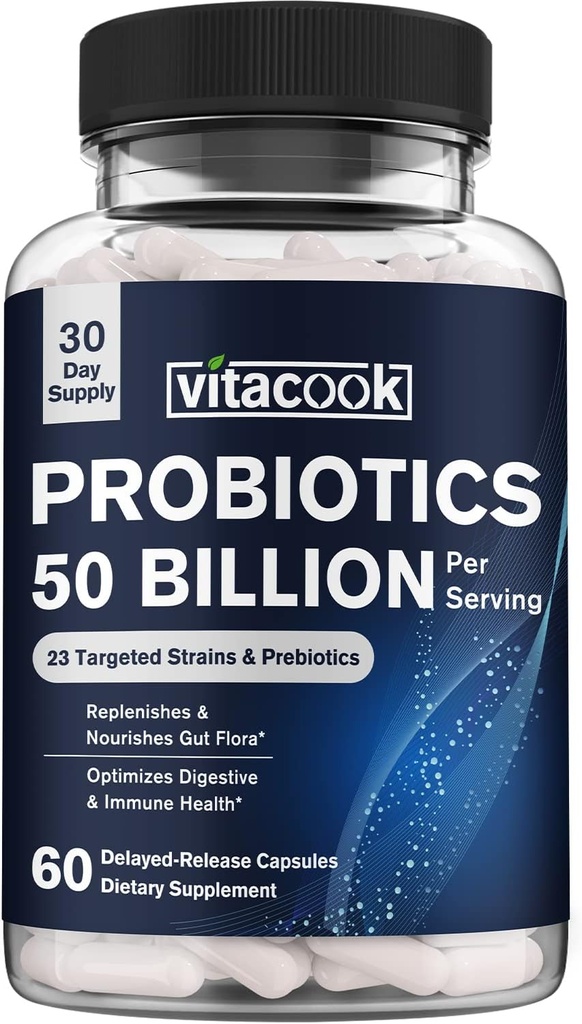 Probiotics 50 Billion, 23 Strains with Organic Prebiotics, Digestive & Immune Support, Freeze-Dried, Delayed-Release, Better Than a Dozen Yogurts, 60 Vegan Caps