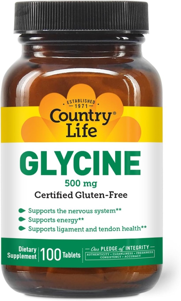 Country Life Glycine 500 mg avec B-6, 100 comprimés, certifié sans gluten, certifié végétalien