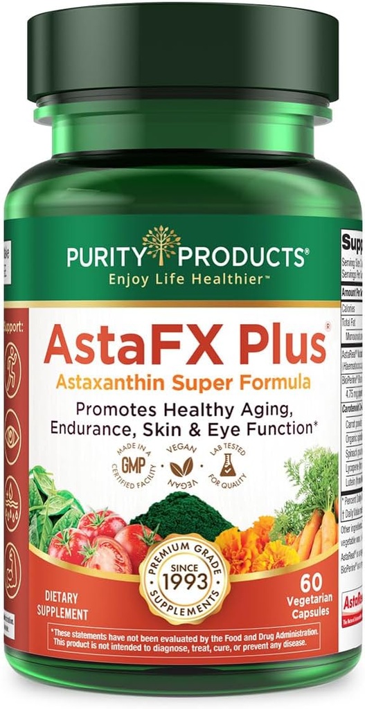Produits de pureté AstaFX Plus - Astaxanthin Super Formula - 30 jours d'approvisionnement pour soutenir l'endurance - favorise la santé de la peau - soutient la santé visuelle - jusqu'à 6 000 fois plus puissant que la vitamine C