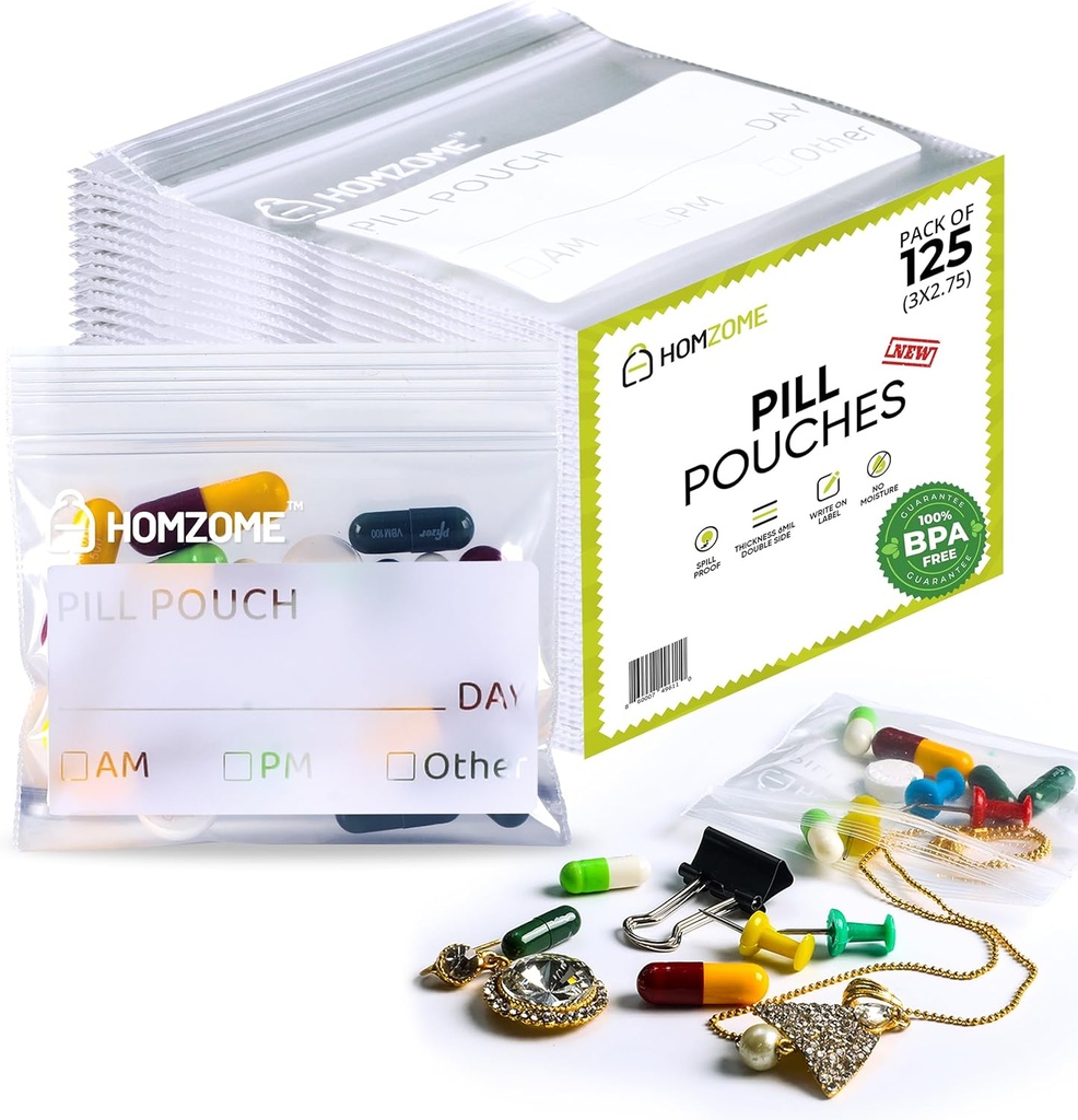 Pill Bags 6 mil -Pack of 125- BPA Free 3x2.75 inches Reusable Pill Pouches for Medicine with Write on Label Clear Small ziplock Bags for Pills, Jewelry and Travel Pill Organizer (Pack of 125)