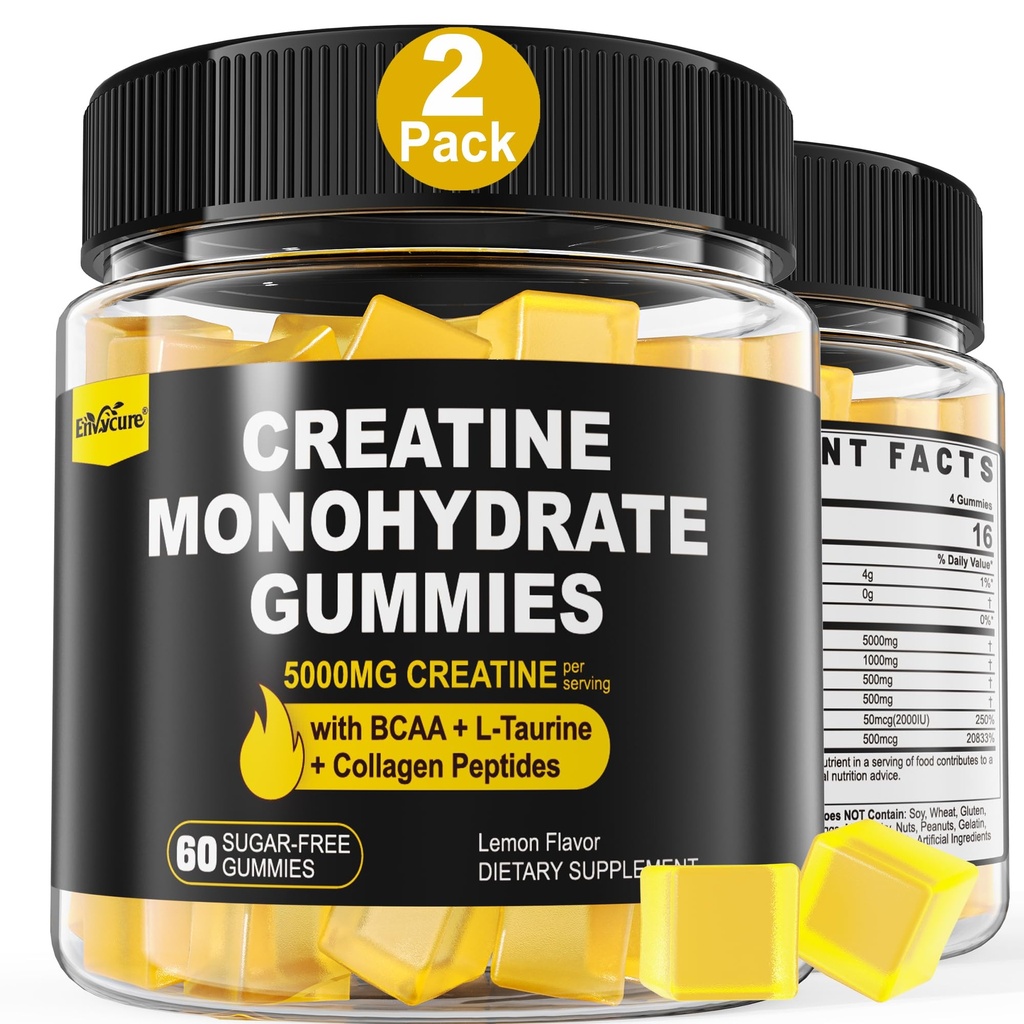 Kreatin Monohydrat-Gummi für Männer & Frauen - mit BCAA, Collagen Peptides, L-Taurine, Vitamin B12, D3, Chewables Creatine Monohydrate 5g pro Servieren, Natürliche Zitronengeschmack, Zuckerfrei, 2 Pack