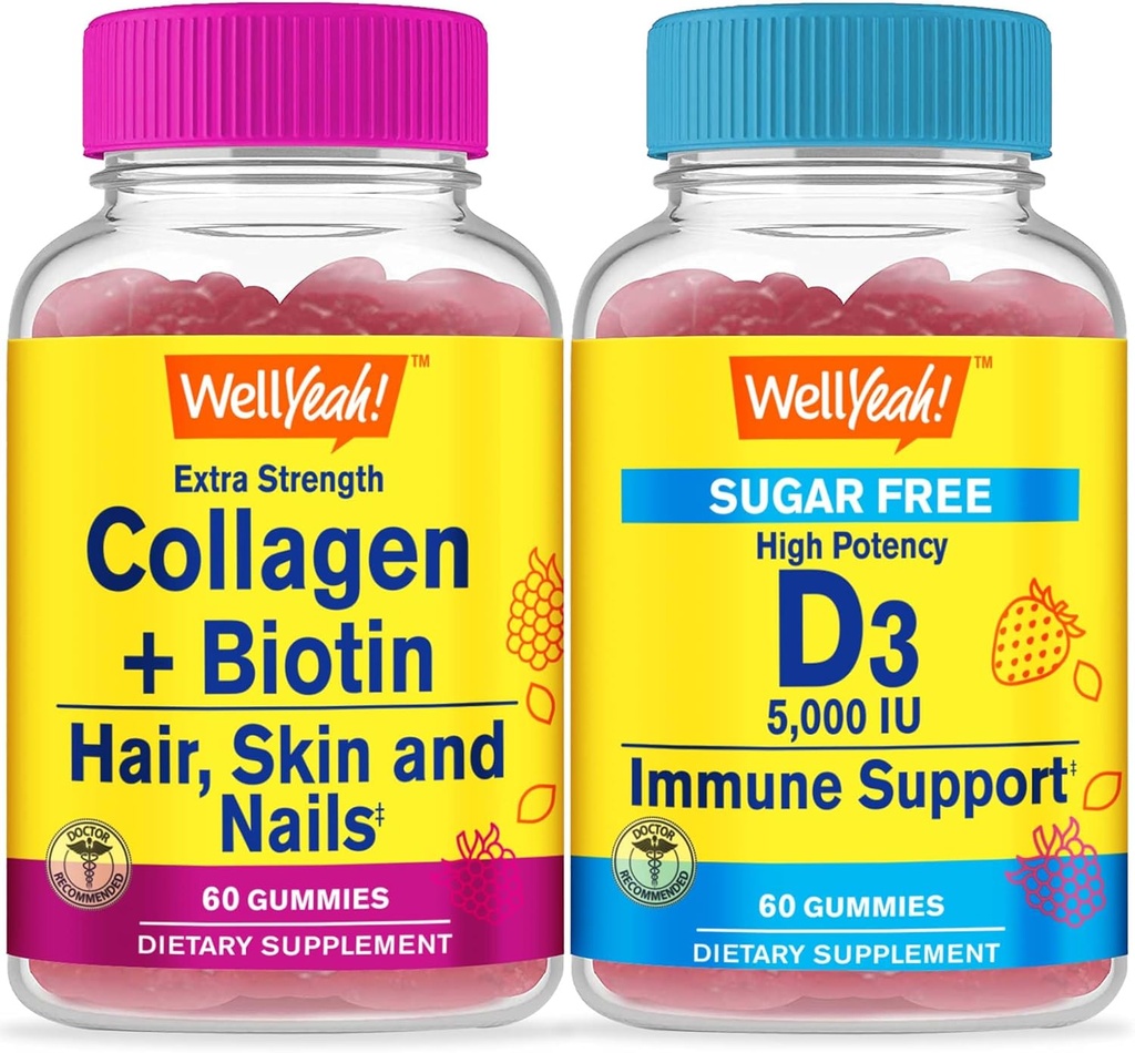Naja Collagen+Biotin + Vitamin D3 5.000 IU Zuckerfrei, Gummi Bundle - Große Verkostung, Vitaminergänzung, Glutenfrei, GMO frei, Kaugummi
