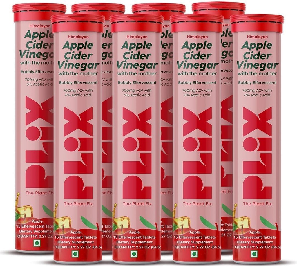 PLIX - THE PLANT FIX Apple Cider Effervescent Tablets mit der Mutter, 700mg ACV mit VIT B12, B6, Packung mit 8 |Vegan, Ohne Zusatz von Zucker, Non-GMO & Gluten-Free